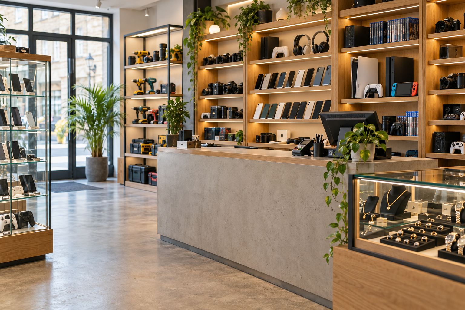 Illustrative bright shop interior with electronics and jewellery displays